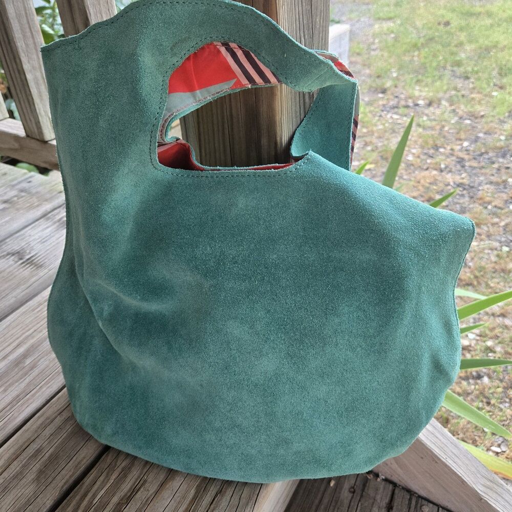 Annahmol Hand Crafted Green Suede Hobo Bag Geometric Pattern Lining Boho Slouchy
